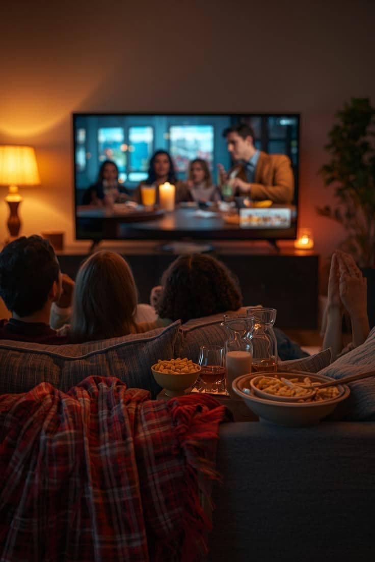 A family relaxing on the sofa for movie night